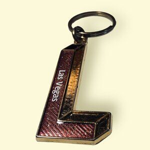 Las Vegas Gold Tone "L" Keychain Souvenir Metal Pink Glitter